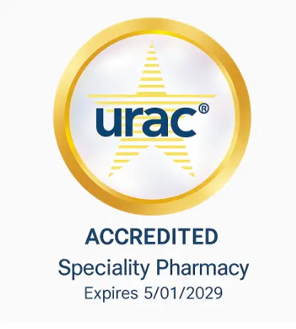 URAC Accredited badge with a gold circular border and star, displaying 'ACCREDITED Specialty Pharmacy' and 'Expires 5/01/2029'.